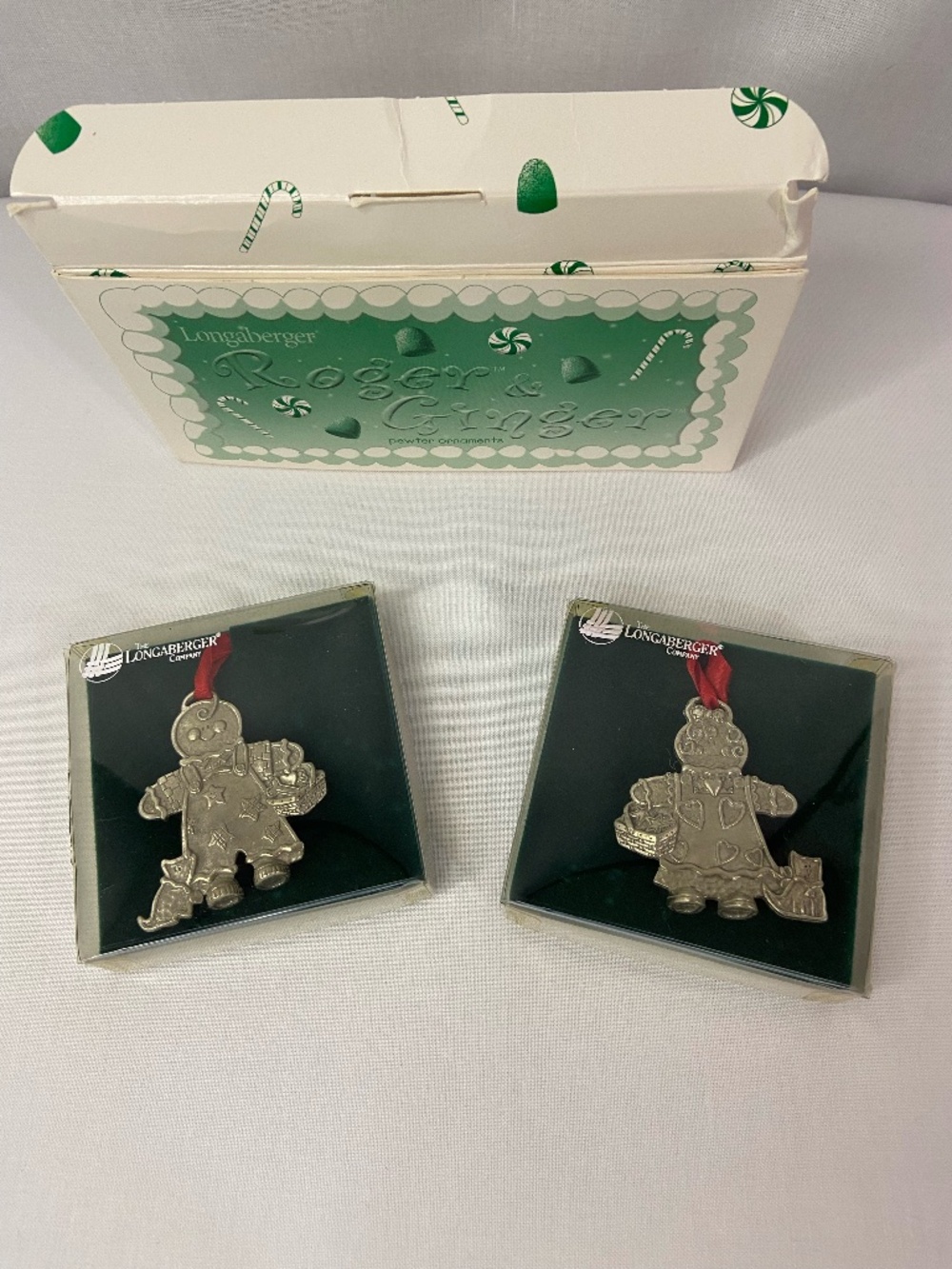 Longaberger 2000 Set of 2 Pewter Christmas Ornaments "Roger and Ginger" Retired